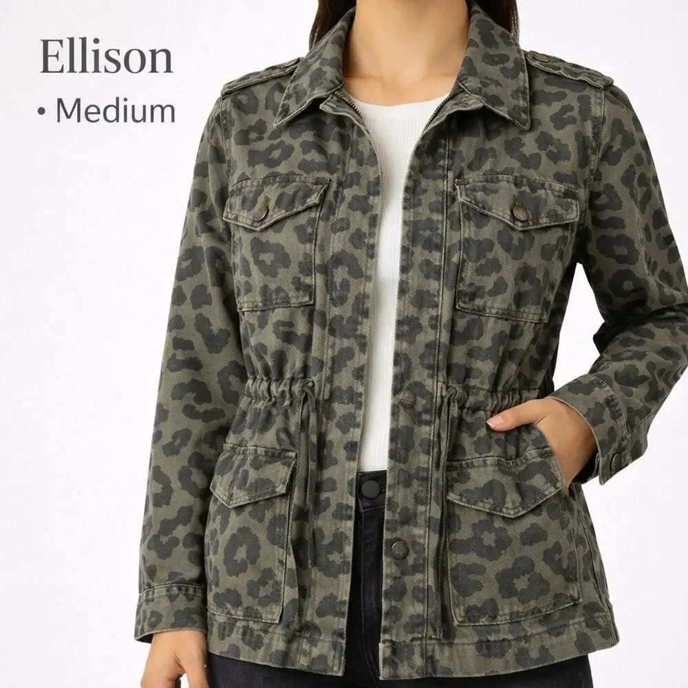 Ellison Leopard Utility Jacket Medium Olive Cargo Style